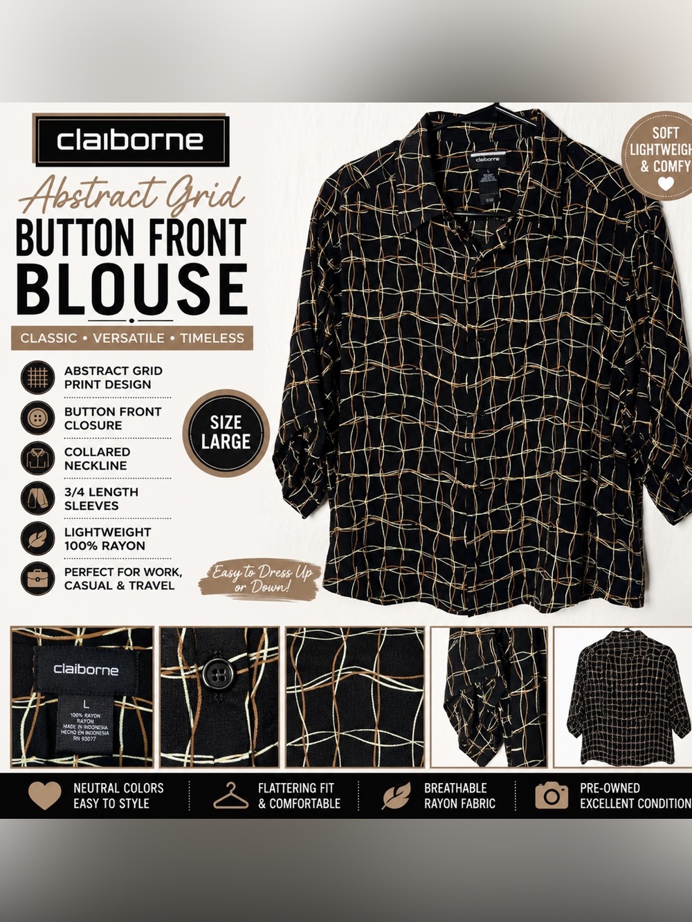 Claiborne Black Blouse with Tan and Cream Grid large